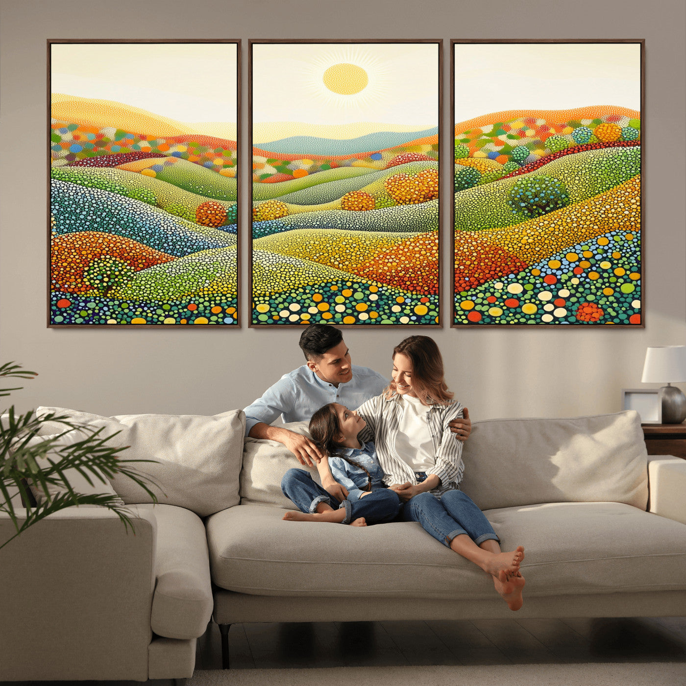 MGV-FC-60X30-3P - YAYOI KUSAMA Colorful Dot Art Landscape Canvas - Framed Abstract Pointillism Inspired by Nature with
