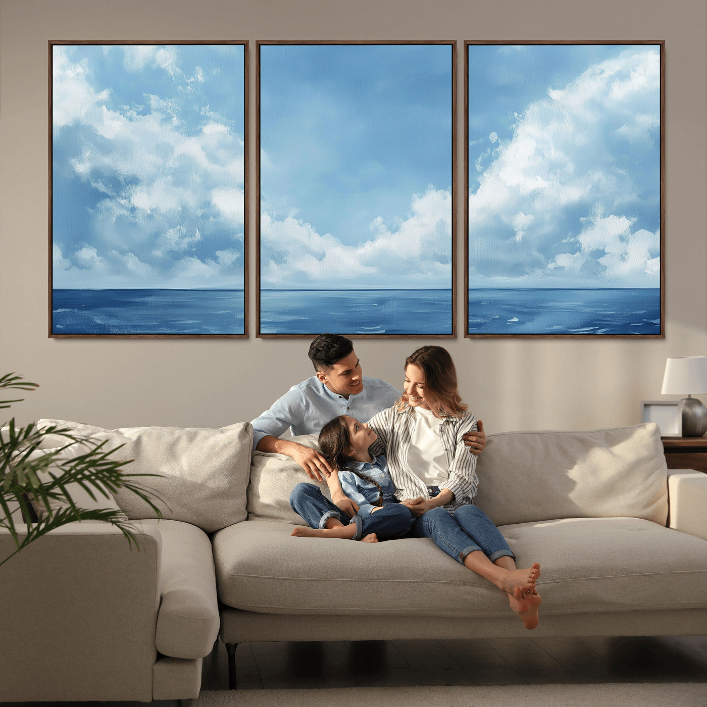 MGV-FC-60X30-3P - Abstract Ocean Print Artwork- Serene Blue Ocean Canvas Wall Art - Minimalist Ocean and Sky Canvas