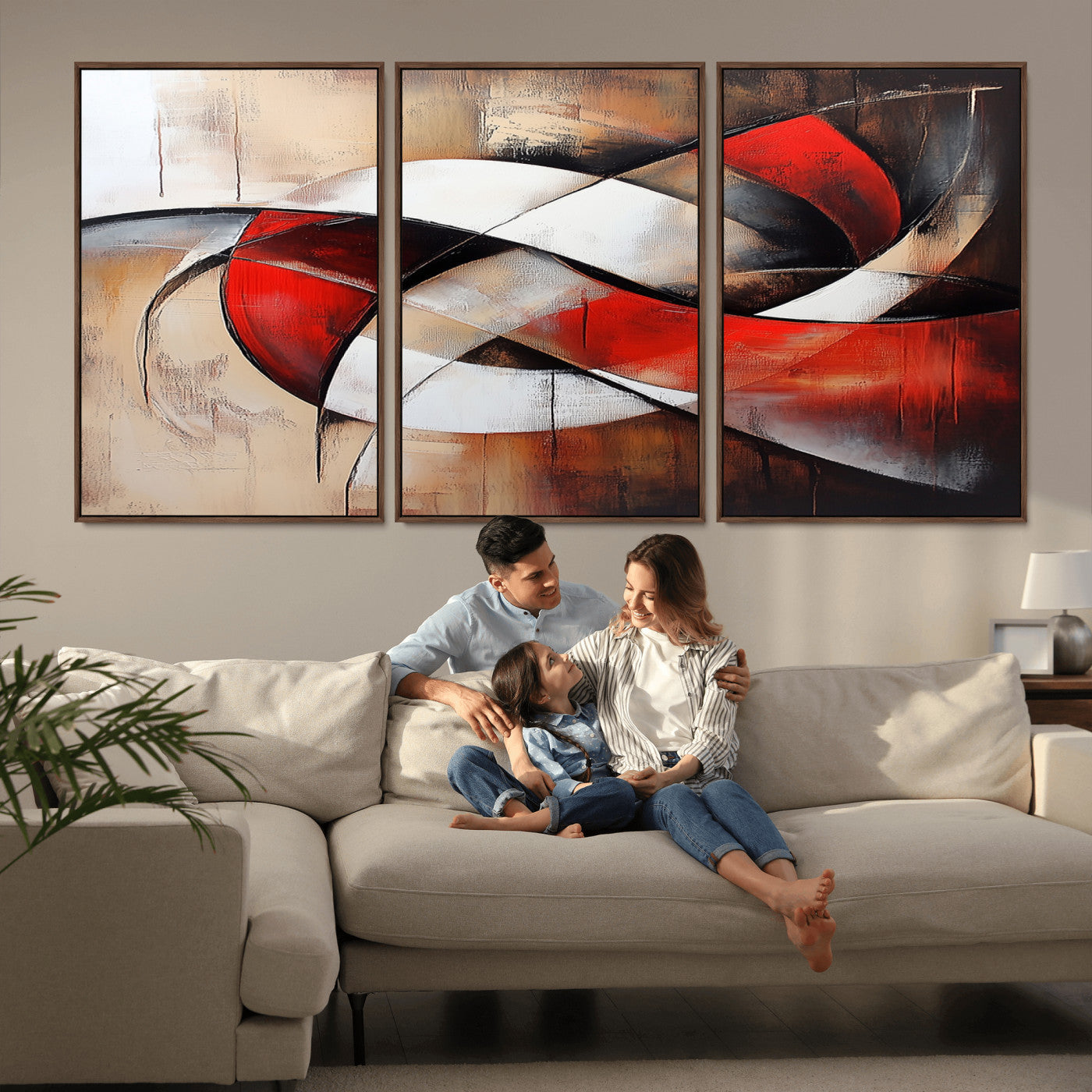 MGV-FC-60X30-3P - Abstract Wall Art - Modern Red and White Canvas Wall Art Print - Bold Geometric Abstract Canvas for