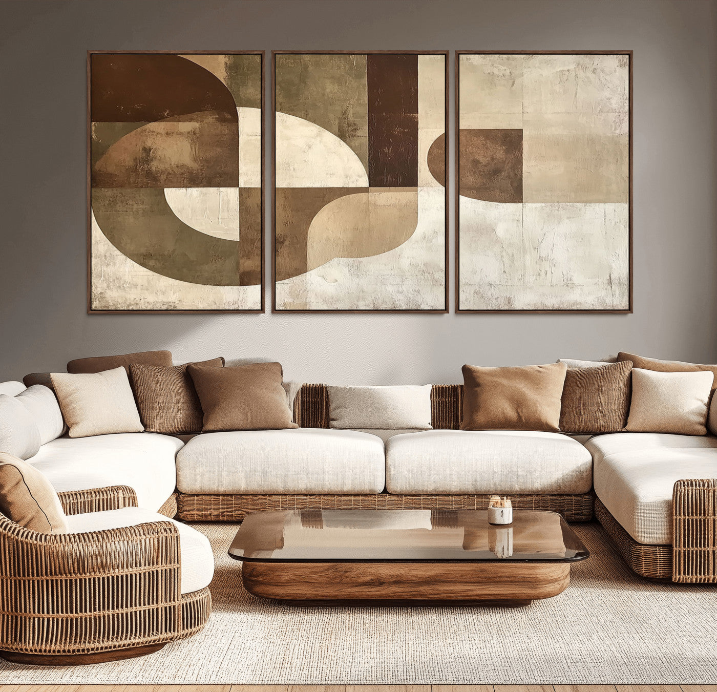 MGV-FC-60X30-3P - Wabi Sabi Geometric Wall Art | Abstract Modern Minimalist Canvas Print with Neutral Mid Century Art
