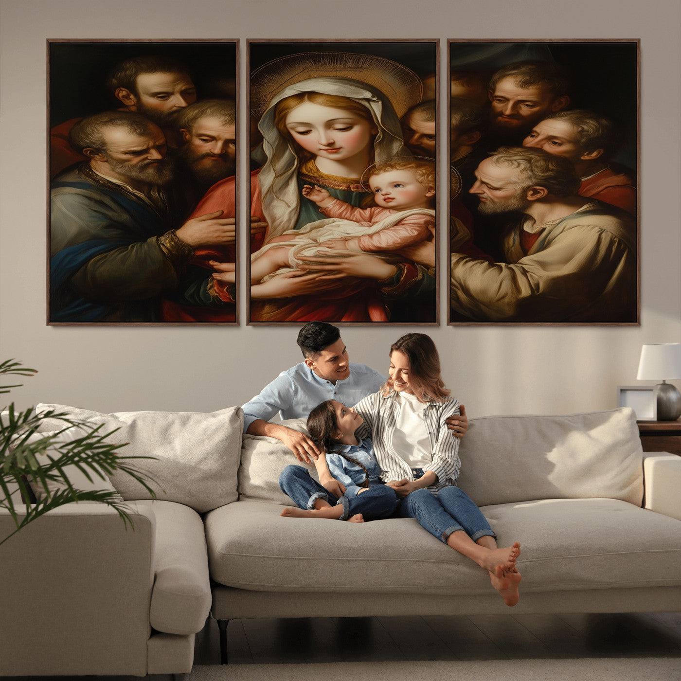 MGV-FC-60X30-3P - Religious Canvas Wall Art Print - Madonna and Child with Apostles Art Print - Classic Christian