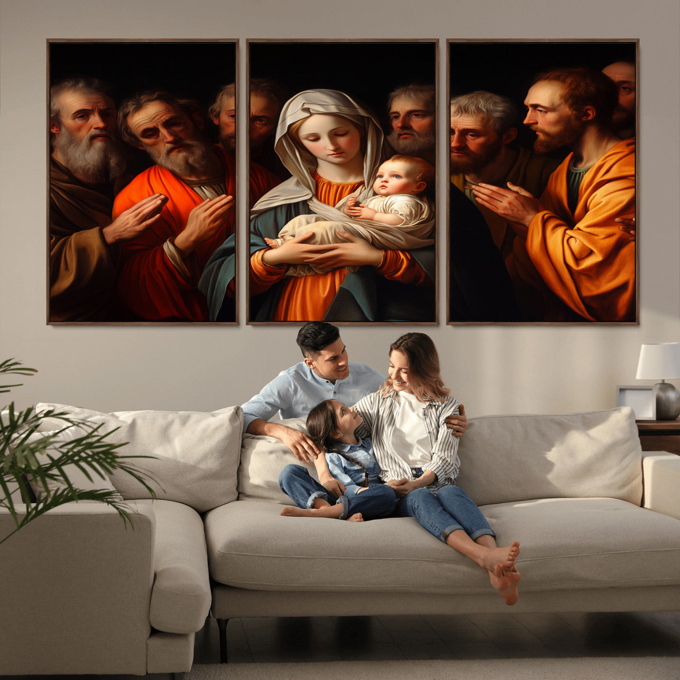 MGV-FC-60X30-3P - Religious Canvas Wall Art Print - Madonna and Child with Apostles Art Print - Classic Christian