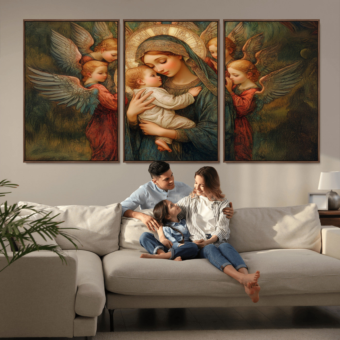 MGV-FC-60X30-3P - Mary Jesus Canvas Wall Art Print - Madonna and Child with Angels Art Print - Classic Christian
