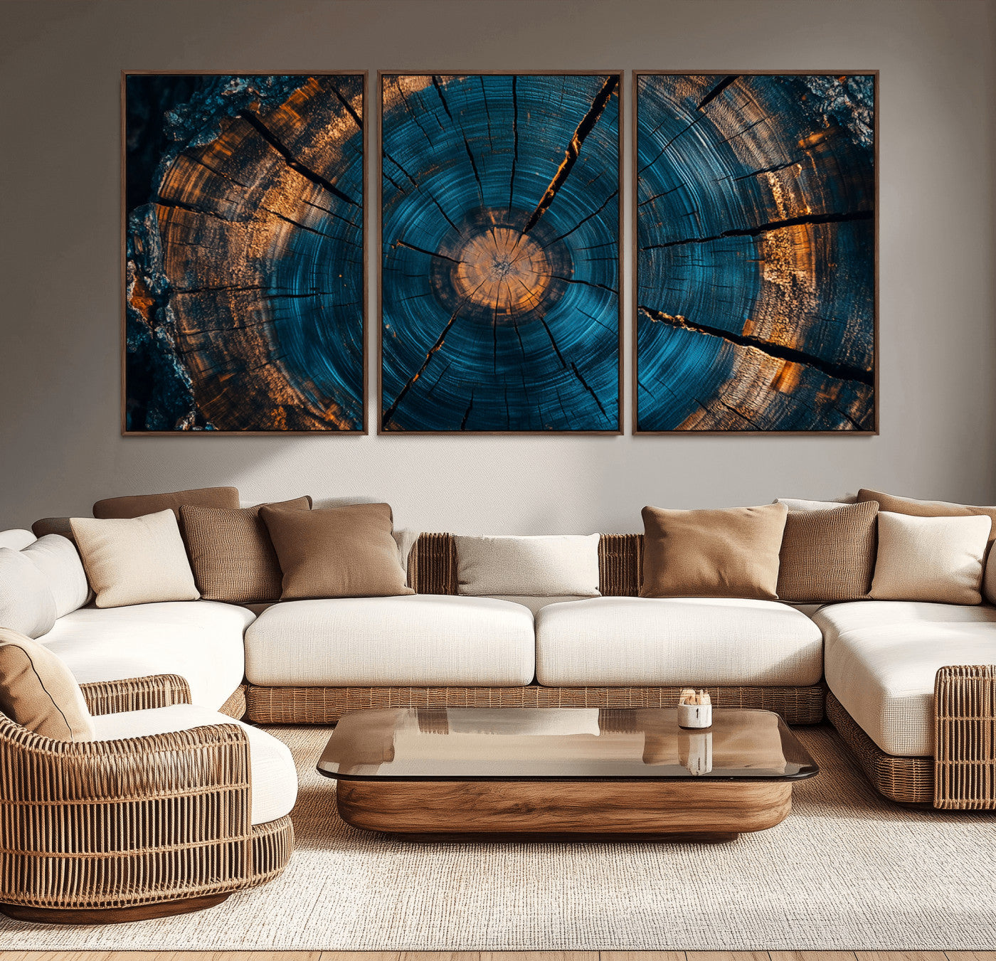 MGV-FC-60X30-3P - Farmhouse Wall Art - Abstract Tree Rings Canvas Wall Art Print, Framed Wood Grain Rings Artwork