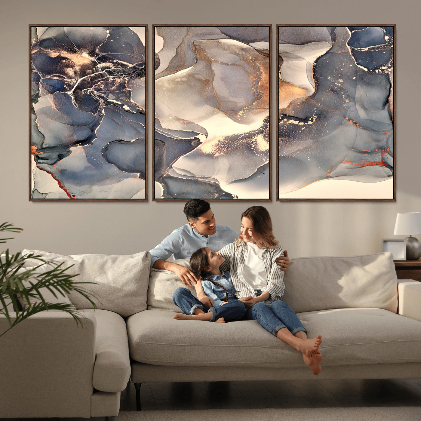 MGV-FC-60X30-3P - Abstract Blue and Gold Wall Art - Fluid Ink Artwork - Modern Luxury Wall Decor for Contemporary