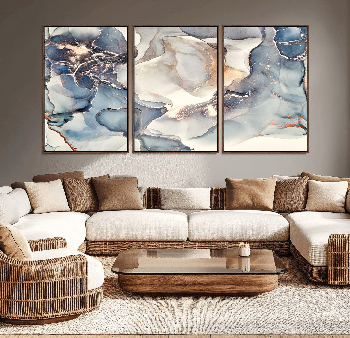 MGV-FC-60X30-3P - Abstract Blue and Gold Canvas Wall Art - Fluid Modern Ink Artwork - Modern Luxury Wall Decor for