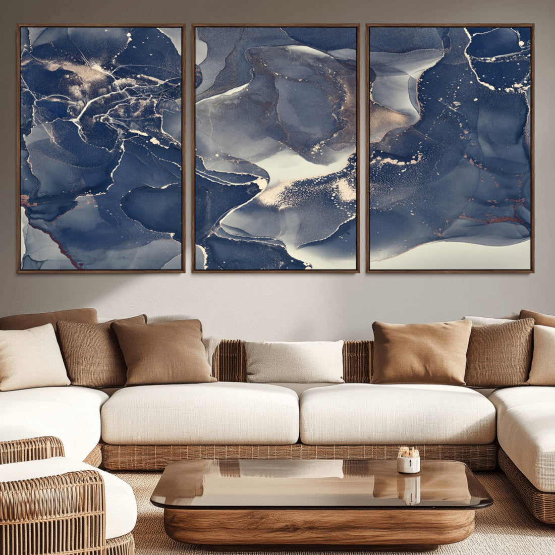 Large Abstract Blue and Gold Canvas Wall Art, Fluid Ink Artwork Print, Luxury Wall Decor