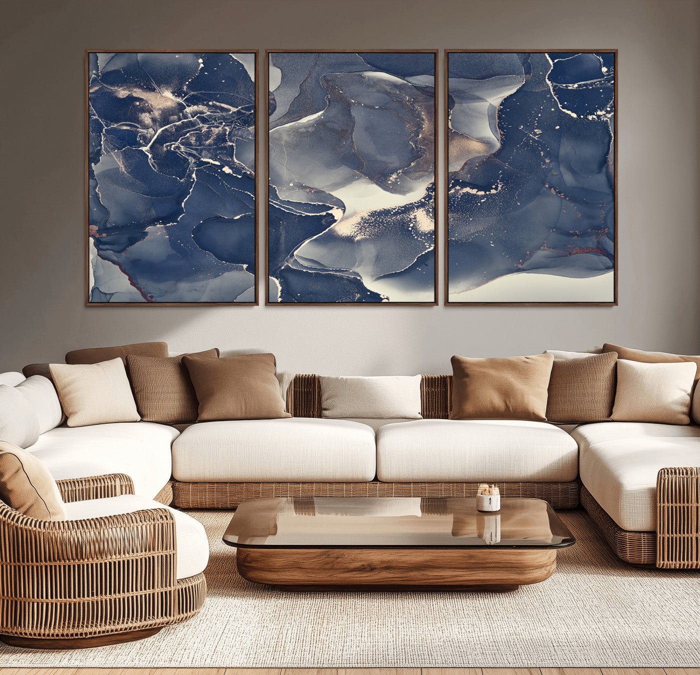 MGV-FC-60X30-3P - Large Abstract Blue and Gold Canvas Wall Art | Fluid Ink Artwork Print | Luxury Wall Decor for