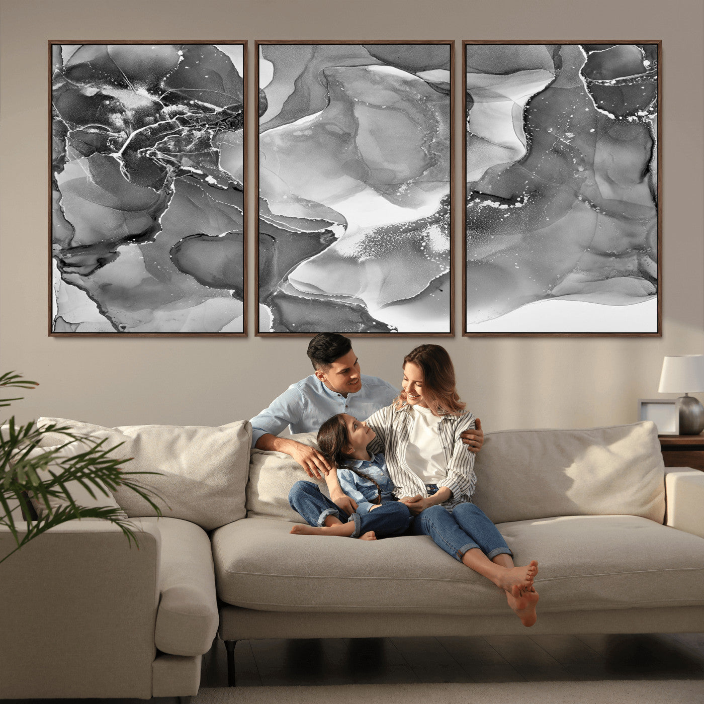 MGV-FC-60X30-3P - Black White Abstract Canvas Wall Art - Fluid Ink Artwork - Modern Luxury Wall Decor for Contemporary