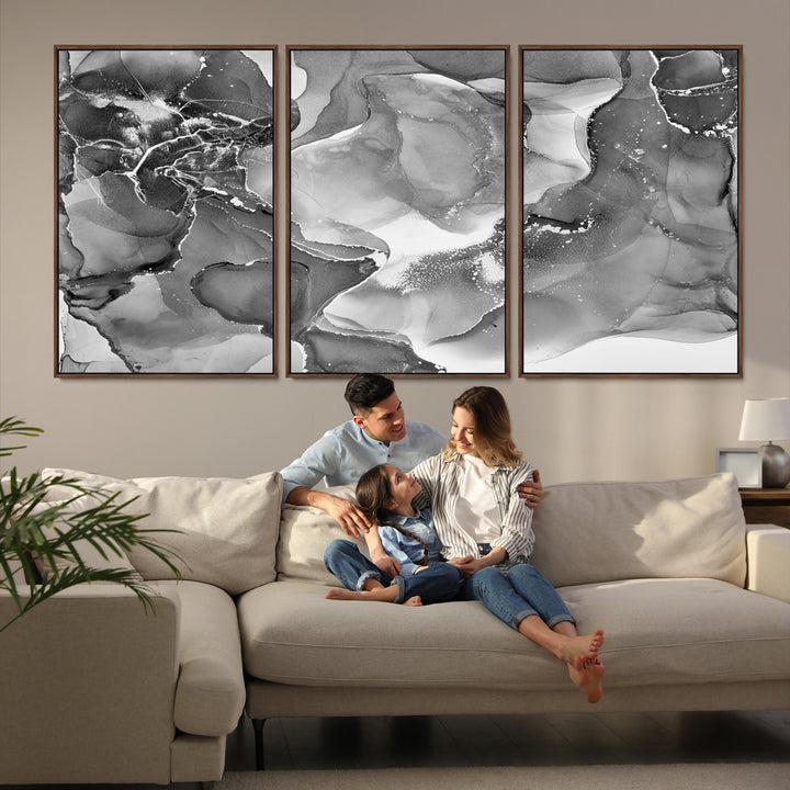 Black White Abstract Canvas Wall Art - Fluid Ink Artwork - Modern Luxury Wall Decor for Contemporary Interiors