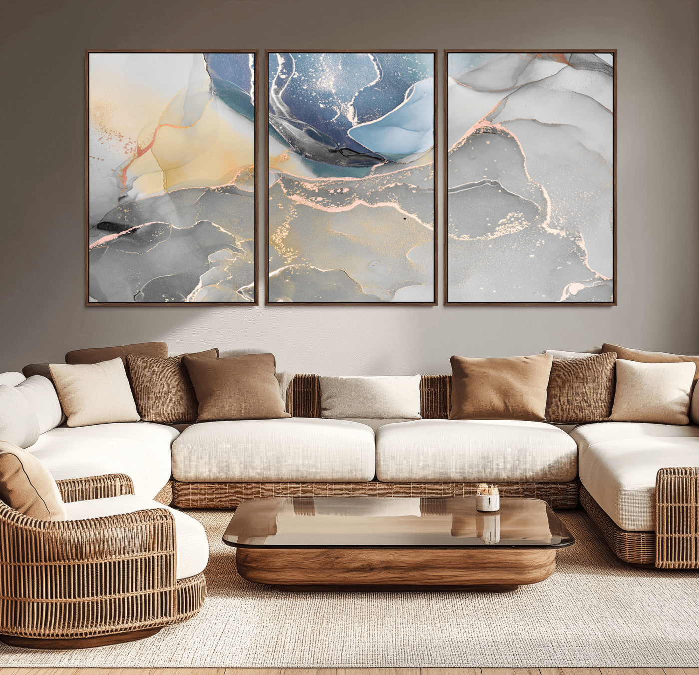 MGV-FC-60X30-3P - Large Abstract Blue and Gold Canvas Wall Art | Fluid Ink Artwork Print | Luxury Wall Decor for