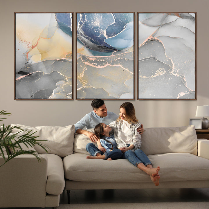 Large Abstract Blue and Gold Canvas Wall Art | Fluid Ink Artwork Print | Luxury Wall Decor for Contemporary Interiors | Framed Blue and Gold