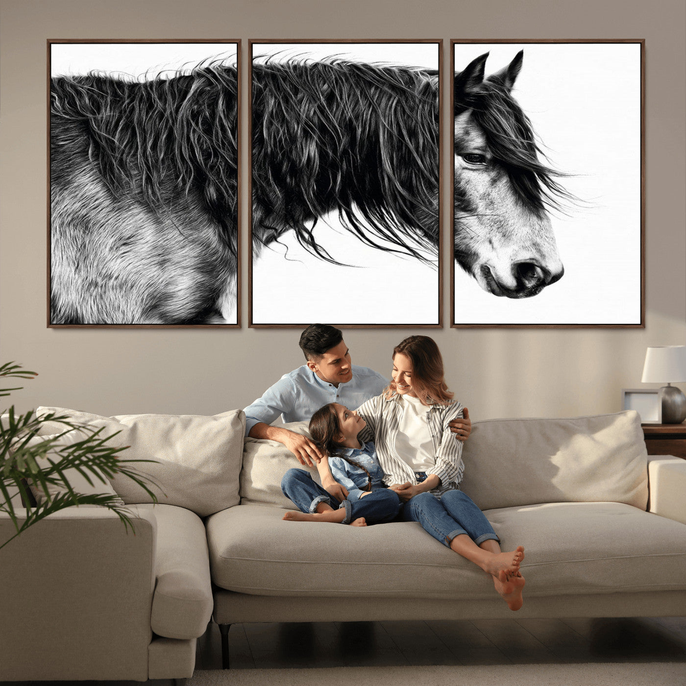 MGV-FC-60X30-3P - Black Horse Wall Art Canvas Print for Farmhouse Decor and Woodland Decoration