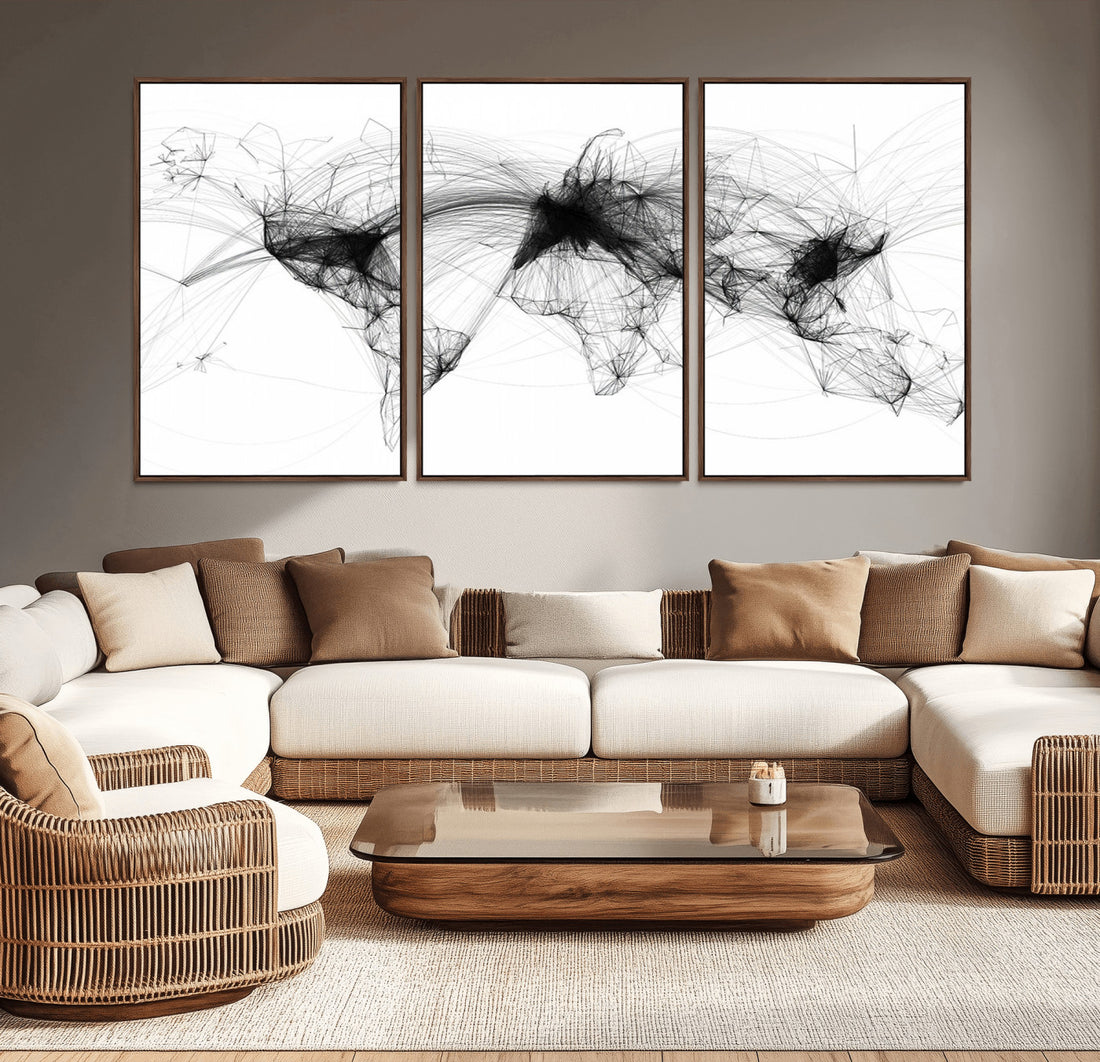 Abstract World Map Wall Art | Framed Geometric Line Canvas