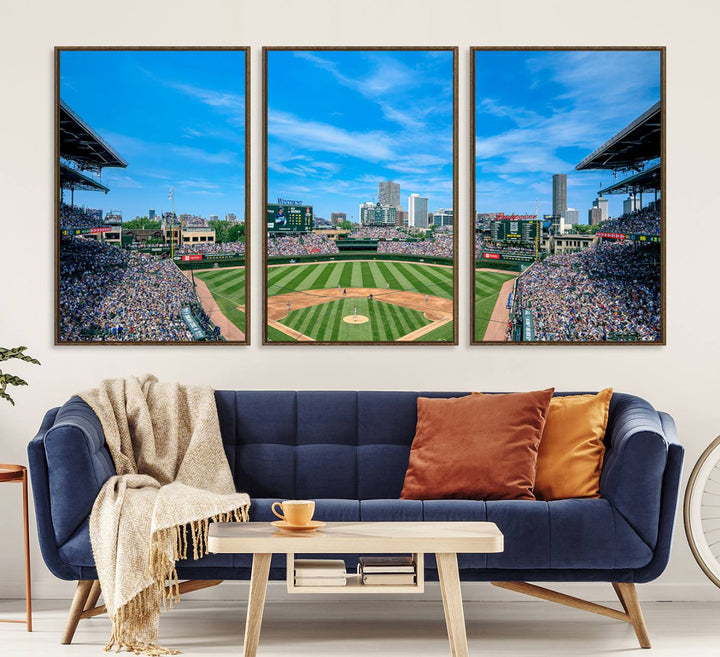 Panoramic view of Wrigley Field, ideal for the Wrigley Field Chicago Cubs Panoramic Canvas Wall Art - Ready to Hang.