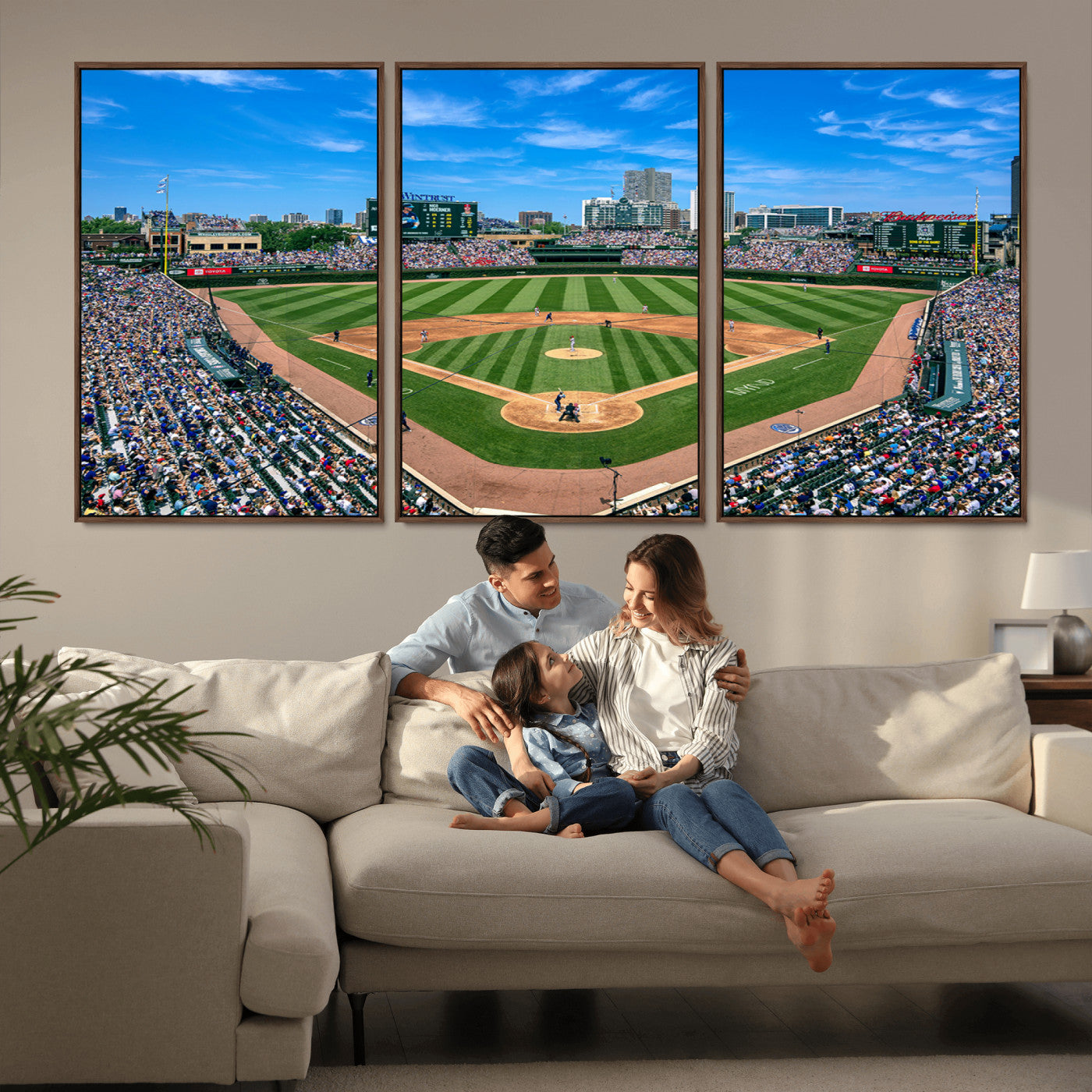 26064-MGV-FC-60X30-3P_Walnut-Framed Wrigley Field Chicago Cubs Print, Panoramic Multi Piece Canvas Wall Art - Iconic Baseball Stadium Print for Sports Lovers - Ready to