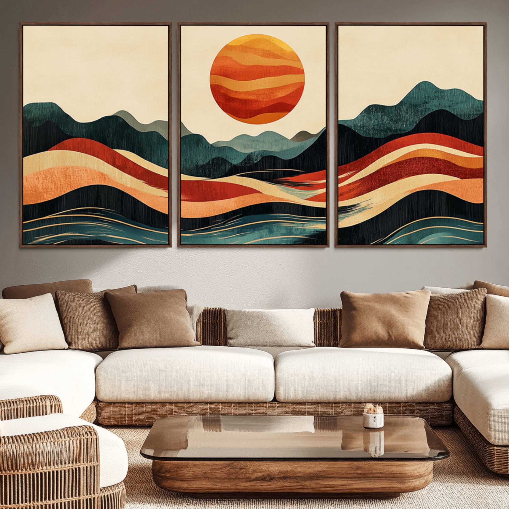 11087-MGV-CV-36X24-Mountain Triptych Wall Art - Western Nature Prints - Framed Boho Pine Tree Canvas for Log Cabin or