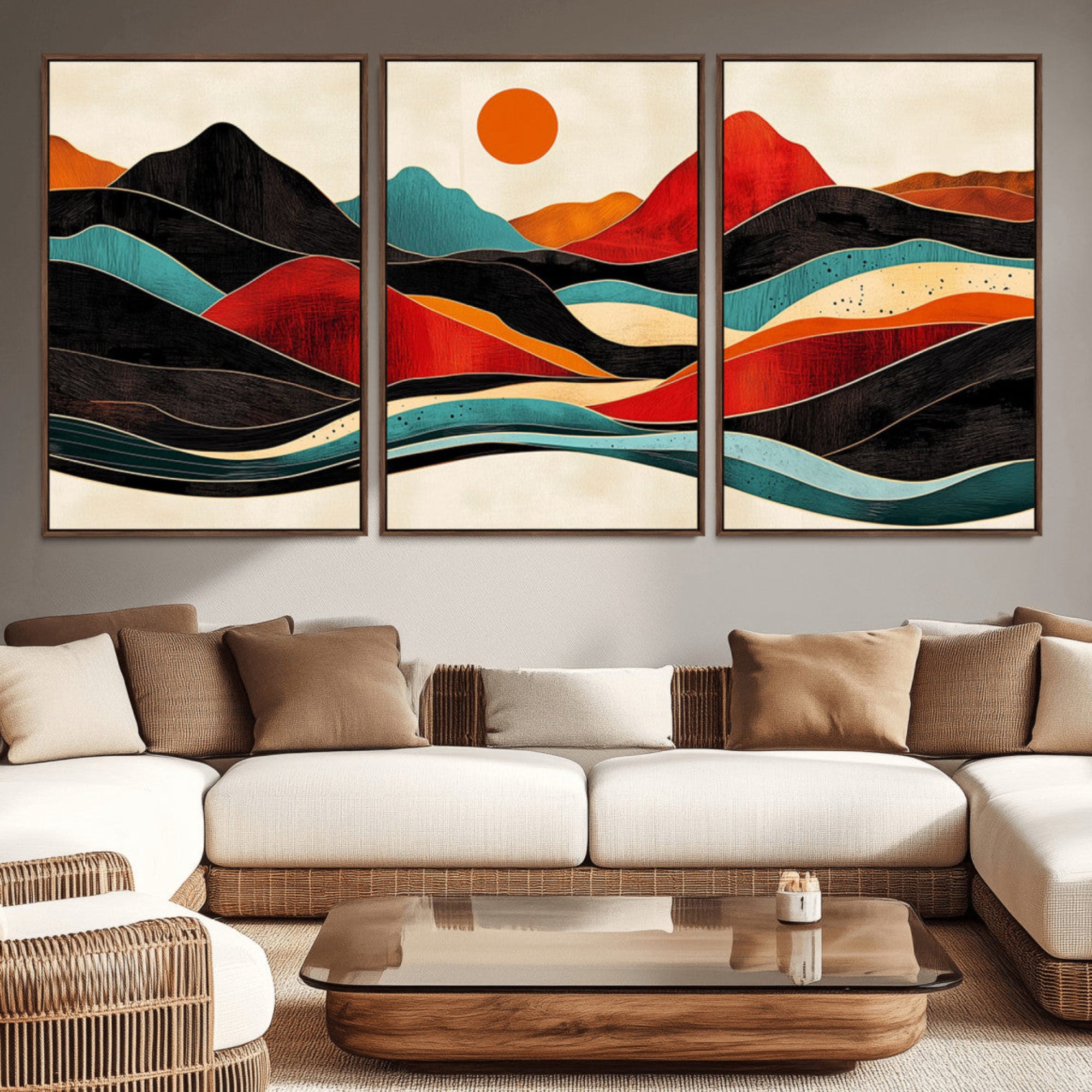 29227-MGV-CV-36X24-Western Wall Decor - Large Triptych Mountain Canvas - Boho Woodland Wall Art Print - Framed