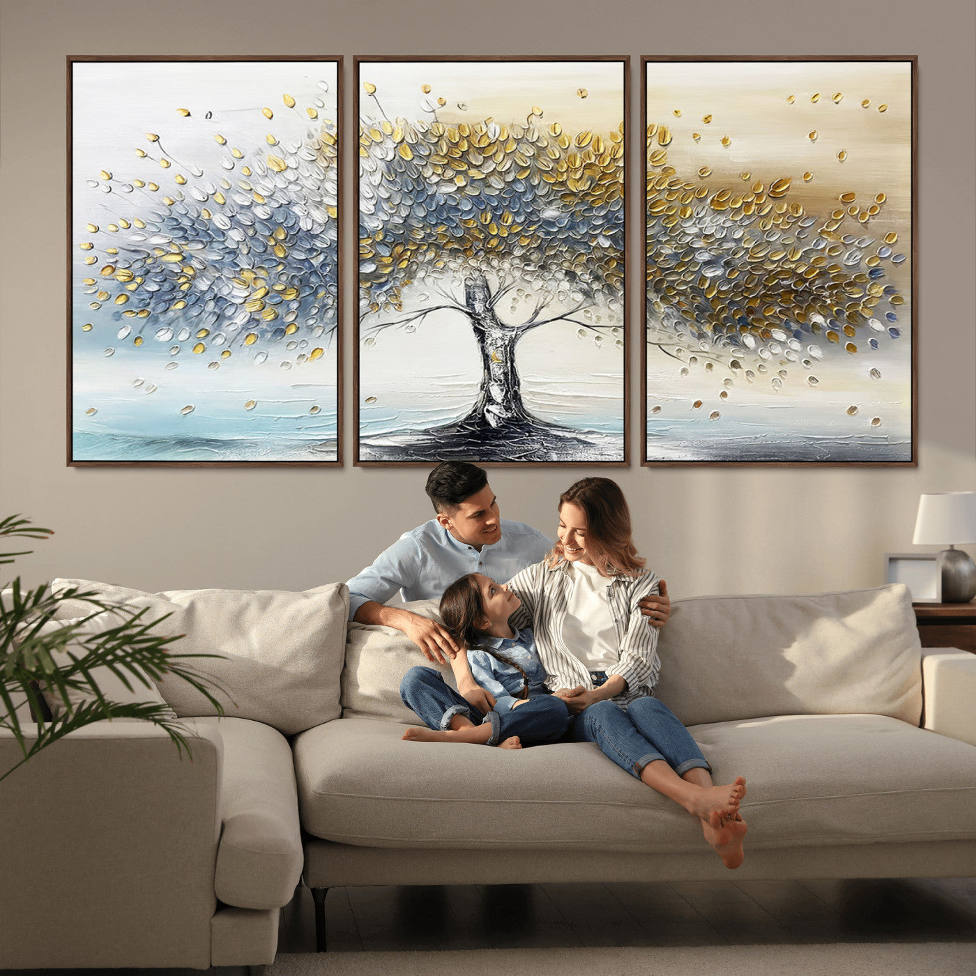 An elegant impasto painting featuring a tree with shimmering silver and gold leaves, blending soft pastels to create a calm and sophisticated atmosphere.
