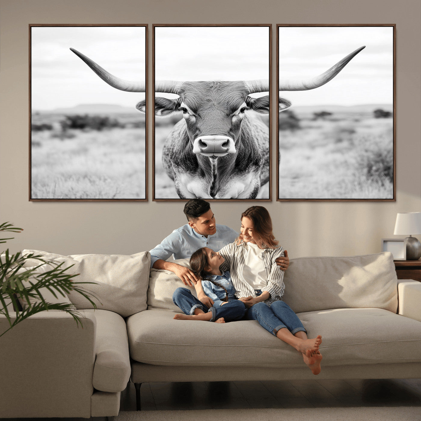 MGV-FC-60X30-3P - Highland Cow Wall Art Print - Black and White Texas Western Longhorn Canvas - Farmhouse Decor Print
