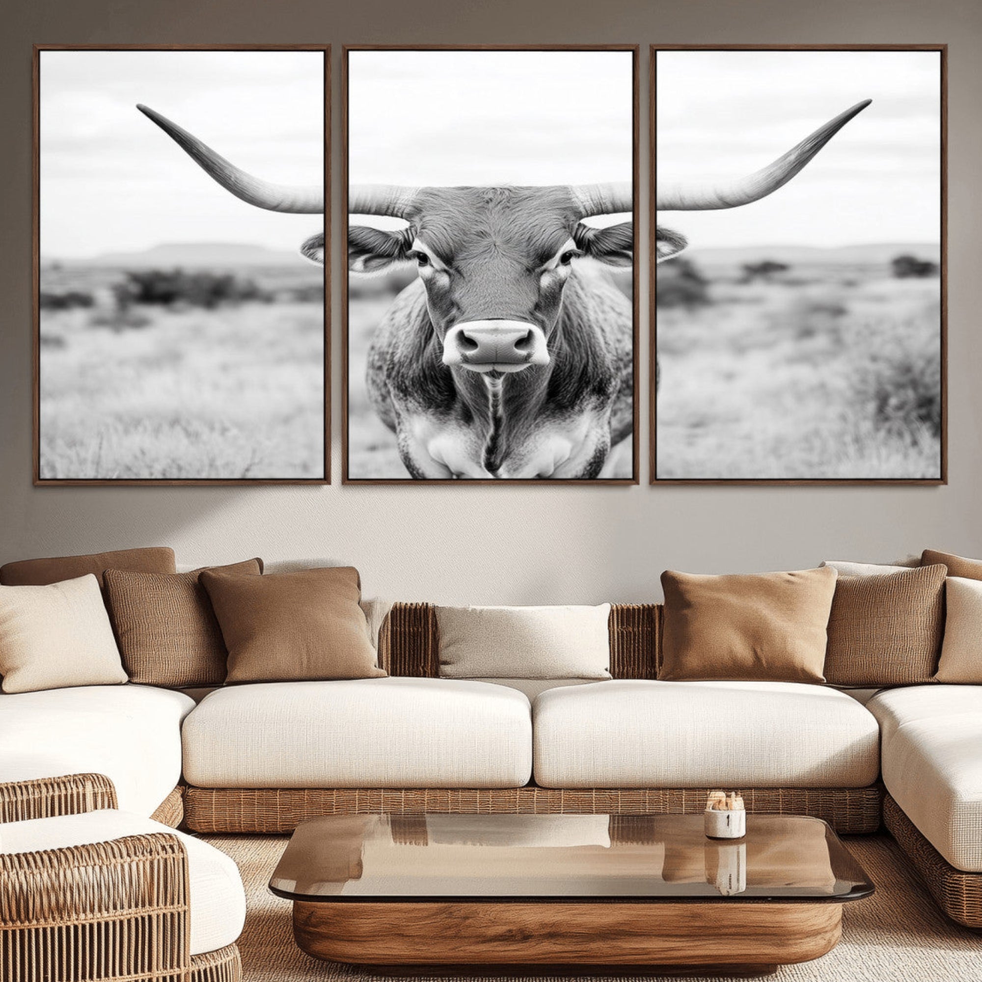 -Highland Cow Wall Art Print - Black and White Texas Western Longhorn Canvas - Farmhouse Decor Print