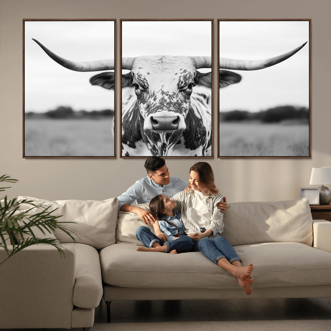 MGV-FC-60X30-3P - Highland Cow Wall Art - Black and White Western Longhorn Canvas Print - Farmhouse Living Room Decor