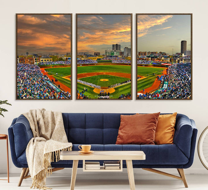 Aerial view of Wrigley Field at sunset against a vibrant sky, creating the perfect Chicago Wrigley Field Canvas Wall Art.