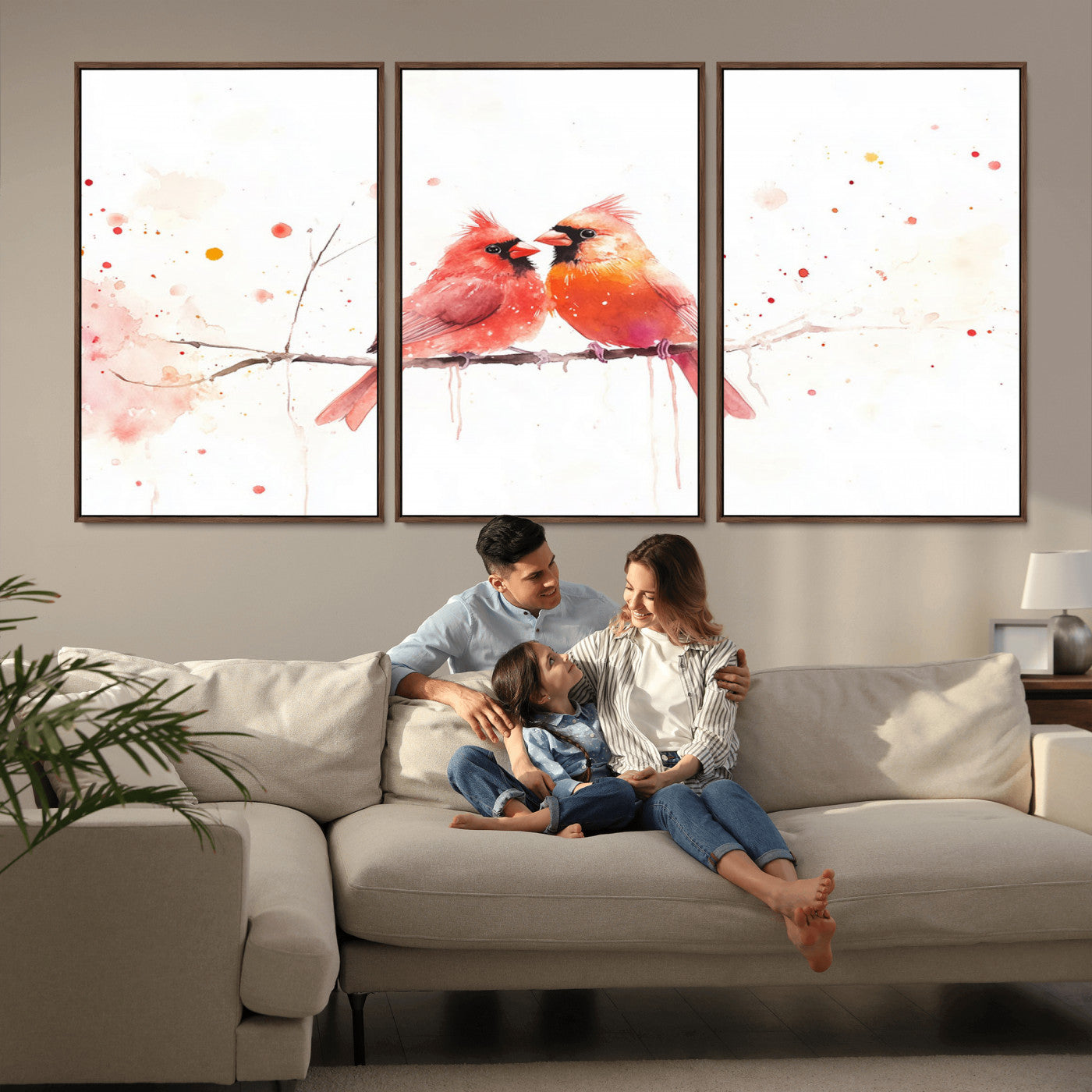 MGV-FC-60X30-3P - Cardinal Bird Canvas Wall Art - Male and Female Cardinal Print - Nature-Inspired Bird Wall Decor for