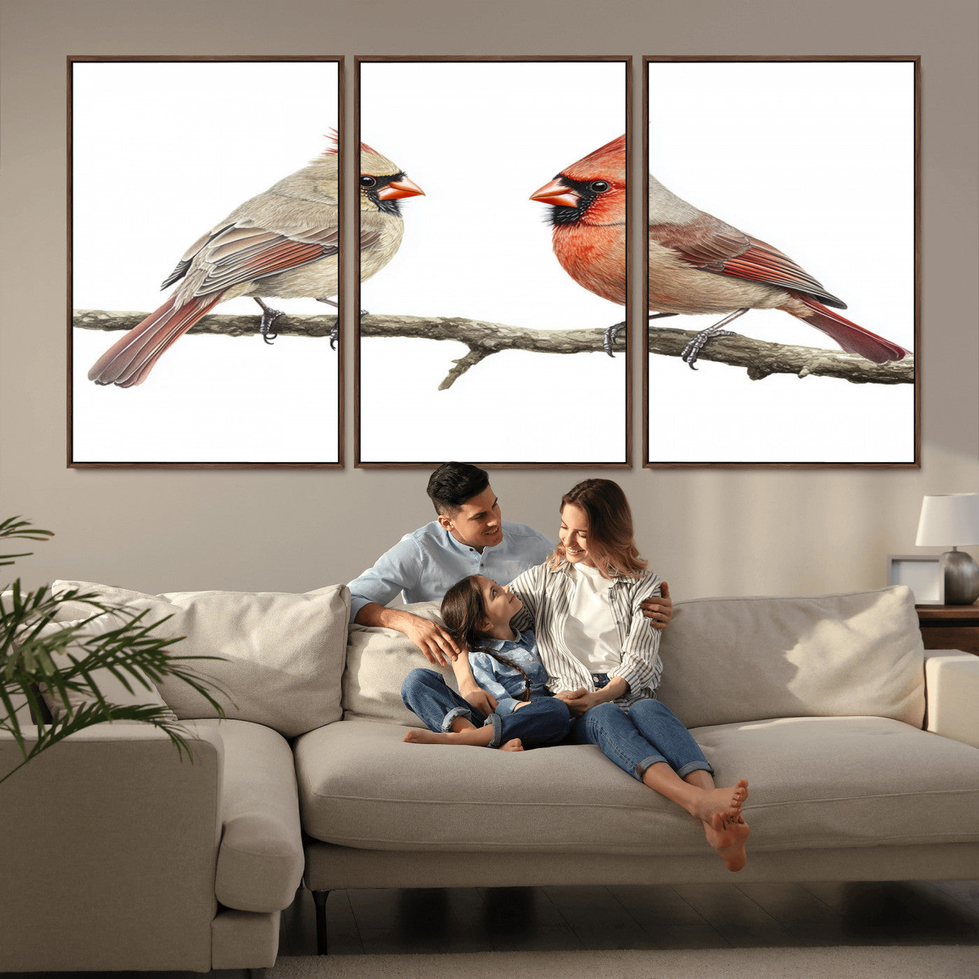 MGV-FC-60X30-3P - Cardinal Canvas Wall Art - Male and Female Cardinal Print - Nature-Inspired Bird Wall Decor for Home