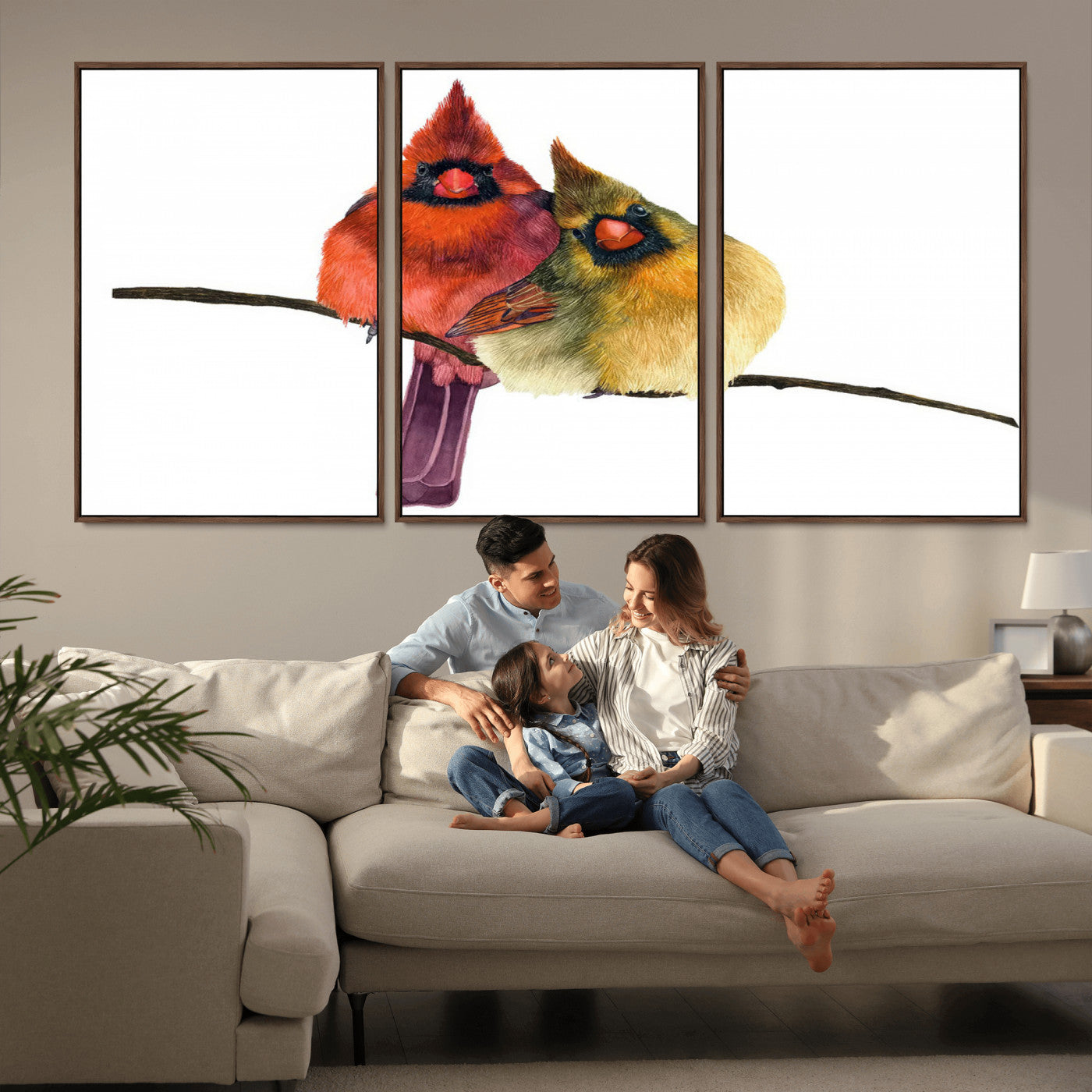 MGV-FC-60X30-3P - Cardinal Bird Canvas Wall Art - Male and Female Cardinal Print - Nature-Inspired Bird Wall Decor for
