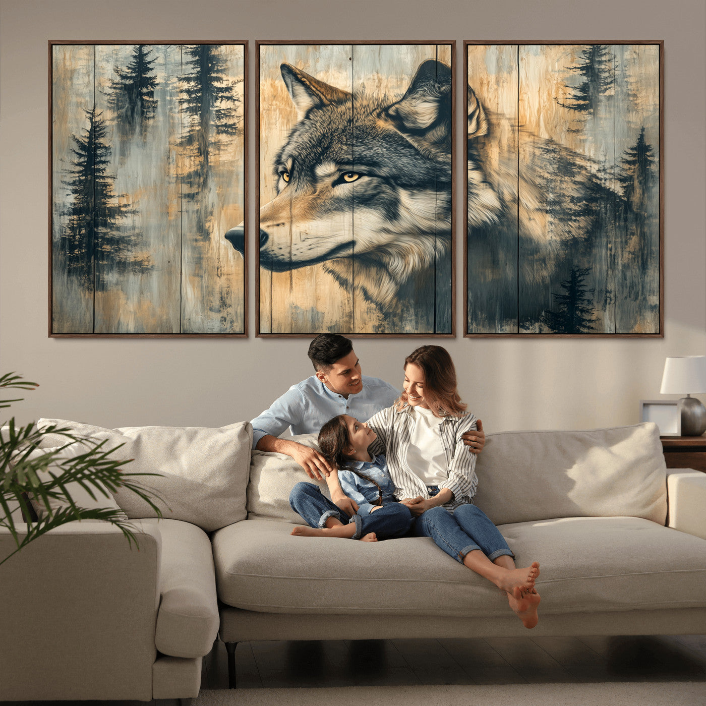 MGV-FC-60X30-3P - Wood Style Rustic Wolf Wall Art Canvas Print, Vintage Woodland Wolf Wall Art, Framed Wood Style Wolf