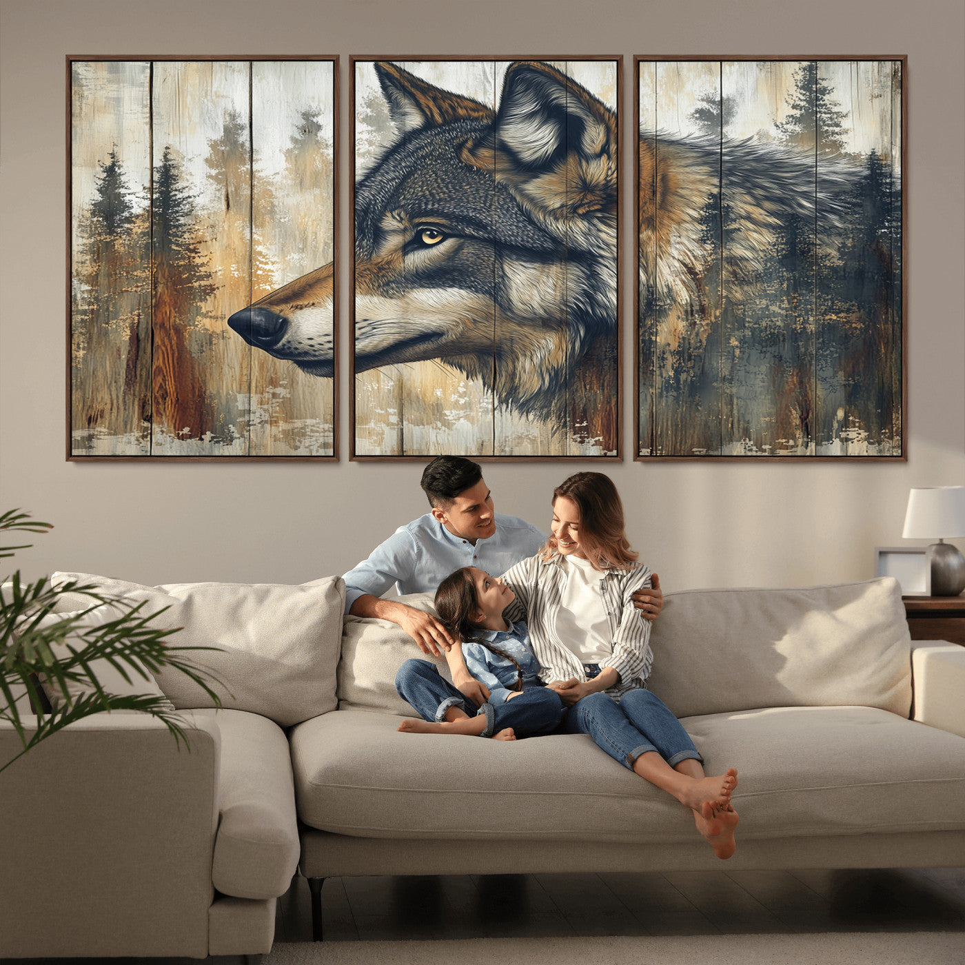 MGV-FC-60X30-3P - Rustic Wolf Wall Art Canvas Print, Vintage Woodland Wolf Wall Art
