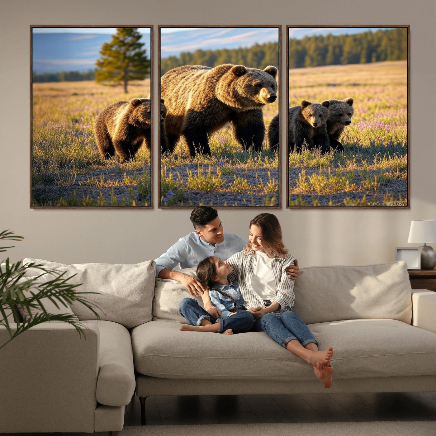 MGV-FC-60X30-3P - Grizzly 399 in Wild Flowers Wall Art Canvas Print, Grizzly Bears Wall Art, Queen of Grand Teton