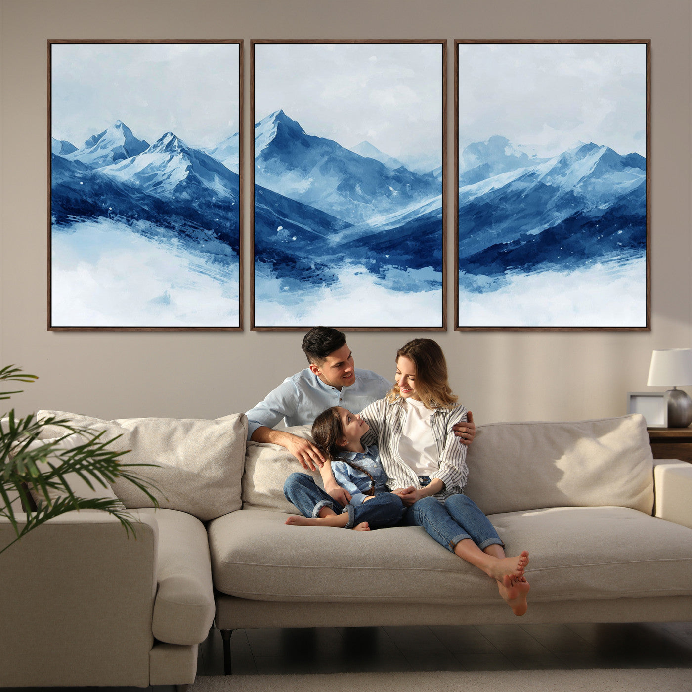 Peaceful watercolor-style painting of snowy blue mountains in soft tones, perfect for winter-themed or minimalist wall decor.