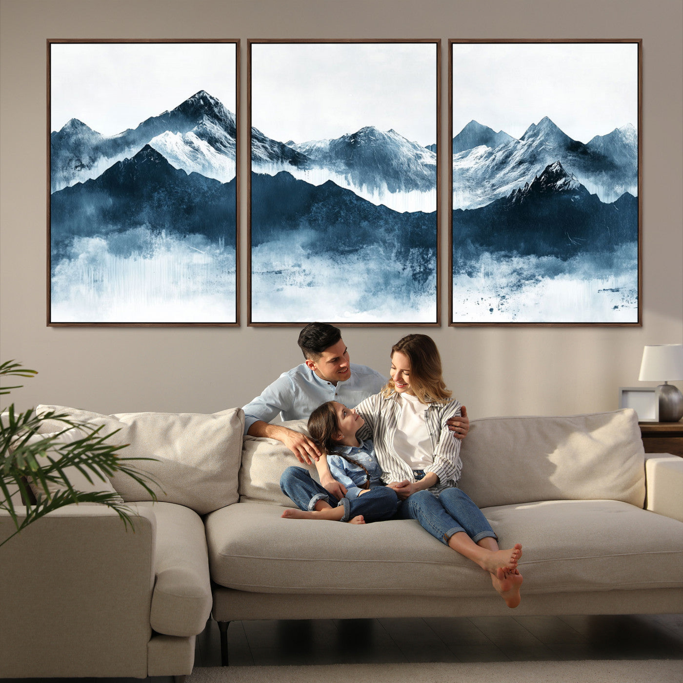Abstract blue-toned canvas of snowy mountains in misty tones, ideal for minimalist or moody alpine-inspired home decor.