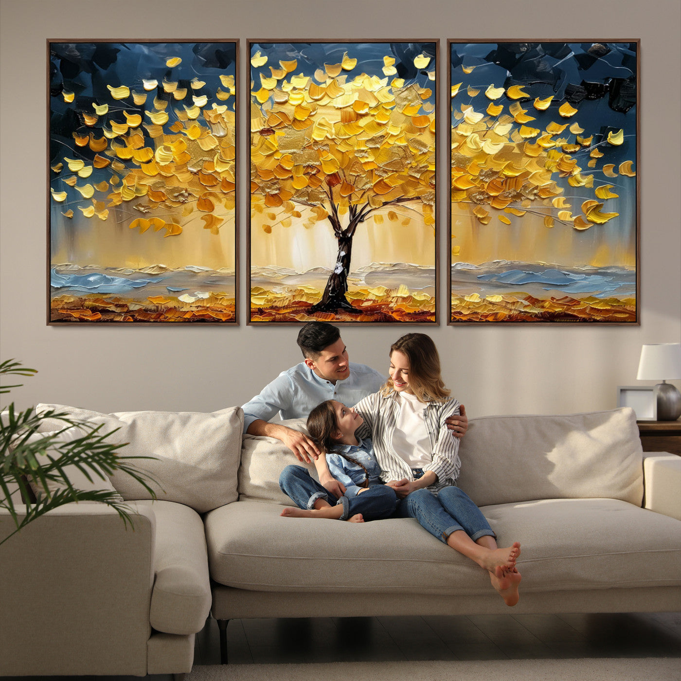 Canvas of a golden autumn tree with textured brushstrokes and moody blue skies, perfect for dramatic and vibrant home decor.