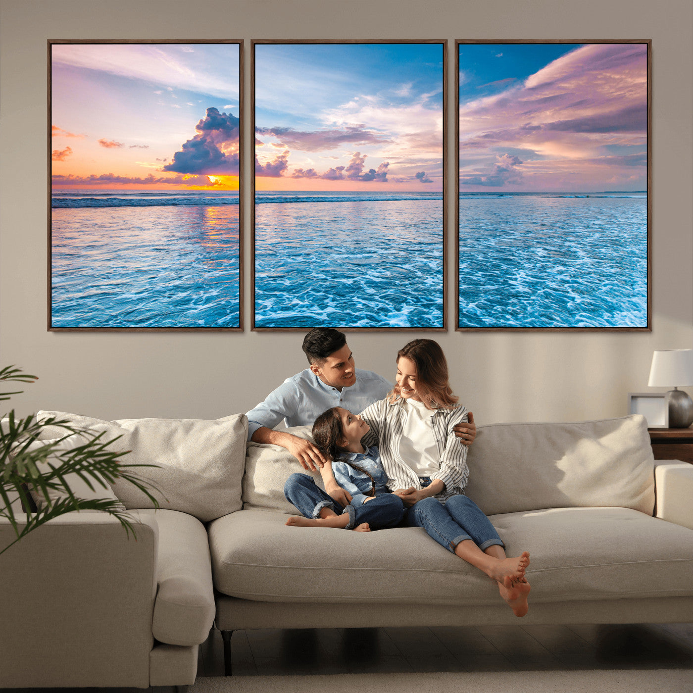 MGV-FC-60X30-3P - Ocean Sunset Canvas Wall Art Print - Tranquil Seascape with Vibrant Sky and Rolling Waves Canvas