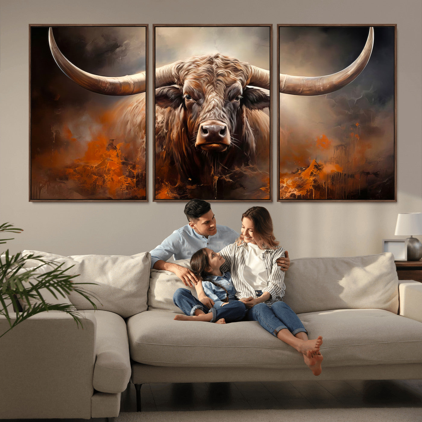 MGV-FC-60X30-3P - Highland Bull Canvas Abstract Canvas Wall Art Print – Powerful Highland Bull with Striking Horns in