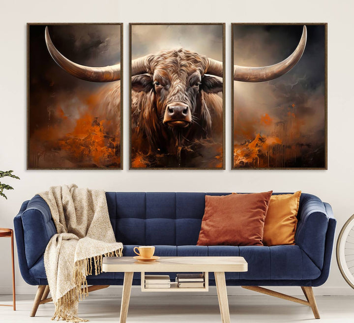 A Highland Bull with striking horns is depicted in a fiery abstract style on a ready-to-hang wall art canvas, evoking strength.