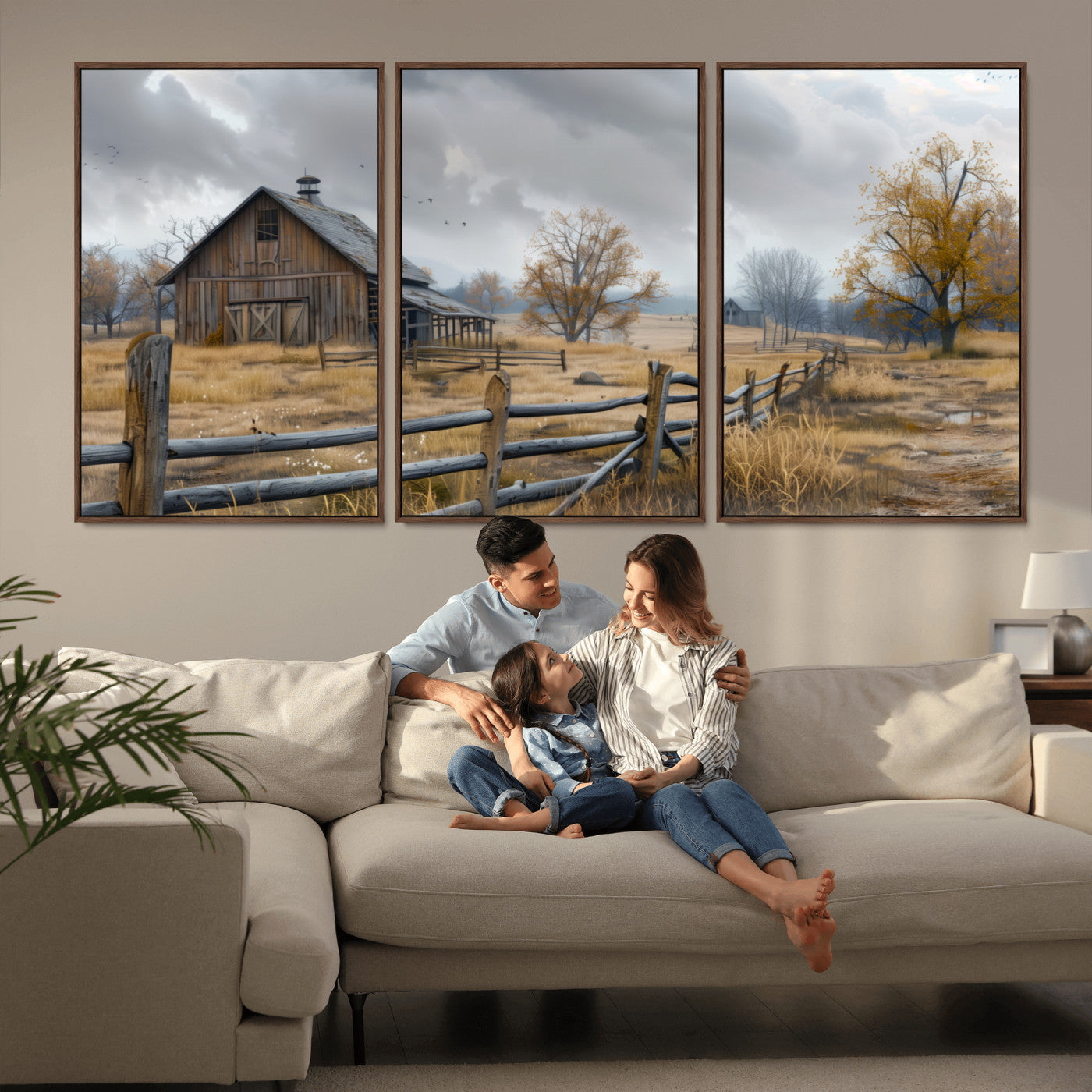 MGV-FC-60X30-3P - Rustic Autumn Farmhouse Wall Art Canvas Print – Serene Countryside Scene with Weathered Barn and