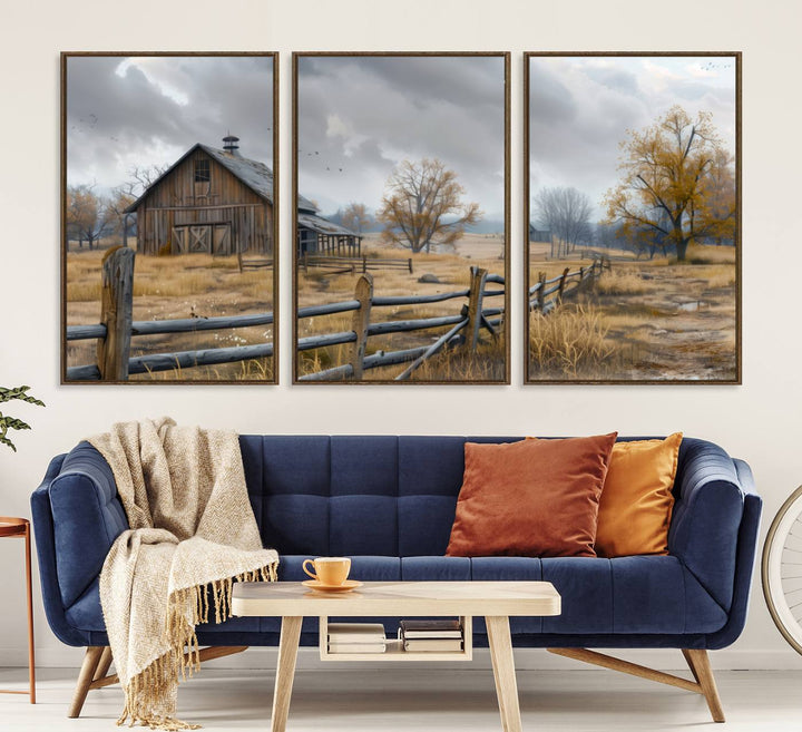 Rustic Autumn Farmhouse Wall Art – Weathered Barn & Trees Canvas Print, featuring a serene scene with birds in the sky. This piece is ready to hang.