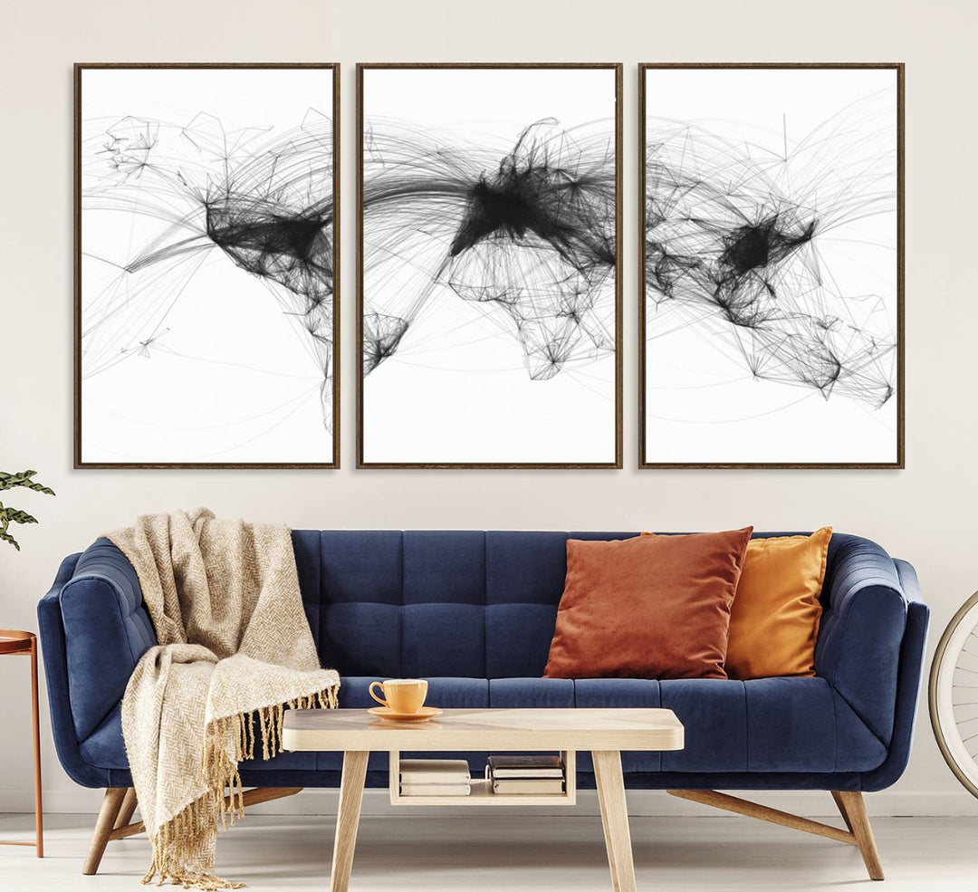 The Flight Routes Air Traffic canvas wall art, framed and ready to hang, is perfect for aviation enthusiasts.