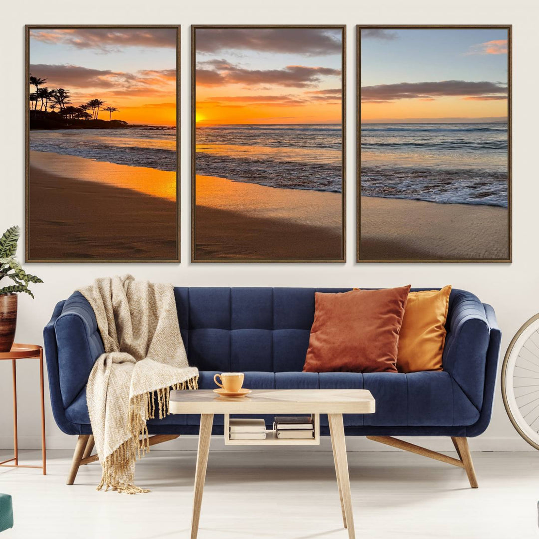 Sunset Wall Art Print featuring a beach sunset with waves and palms, perfect for coastal decor.