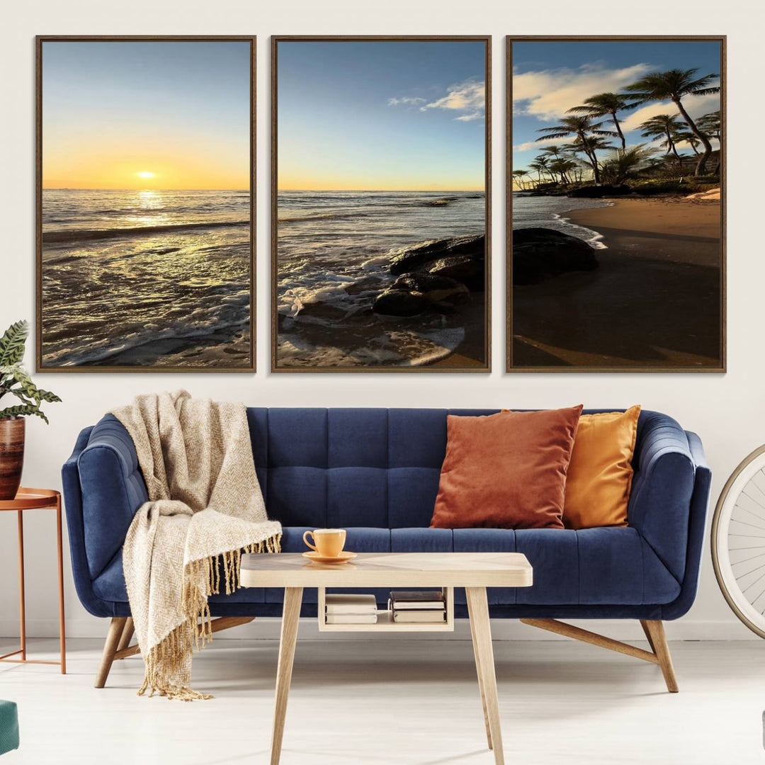 A serene tropical sunset on canvas, featuring palms and waves, serves as perfect Tropical Beach Wall Art for home or office decor.