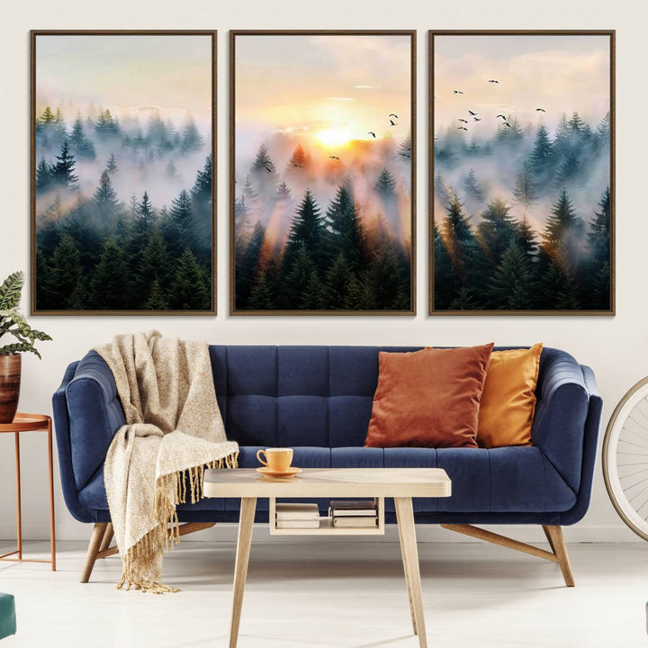 Sunrise over a misty forest with rays filtering through trees in the Abstract Forest Wall Art featuring soaring birds.