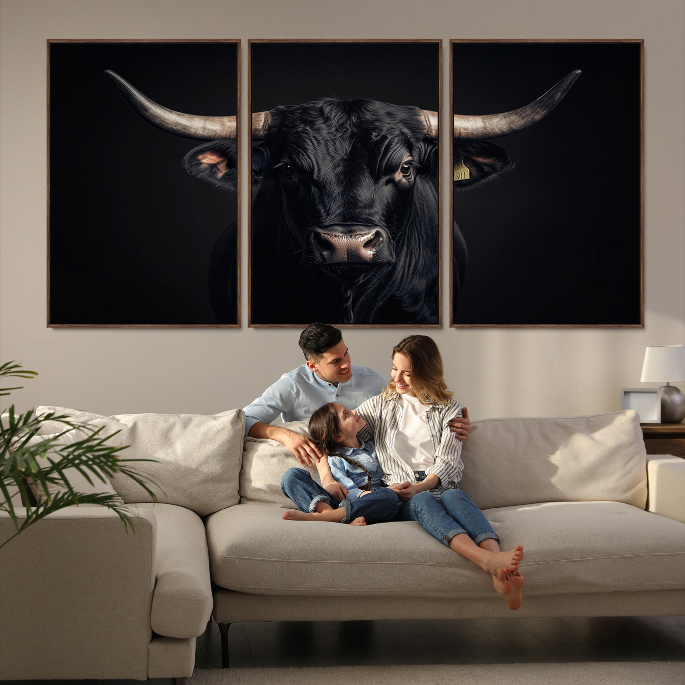 Canvas featuring a black horned bull in moody lighting on a dark background, perfect for western or rustic farmhouse-style home decor.