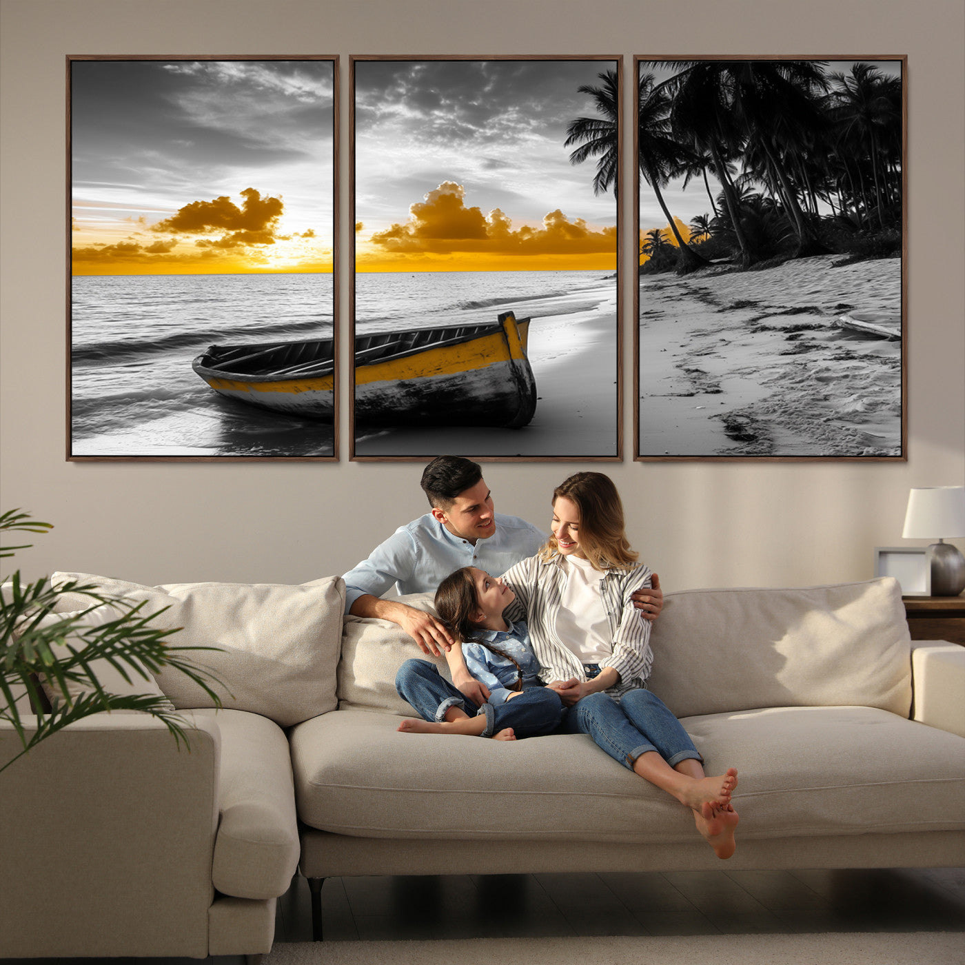Canvas of a yellow rowboat on a black and white tropical beach with golden sunset sky, ideal for coastal or tropical-themed home decor.