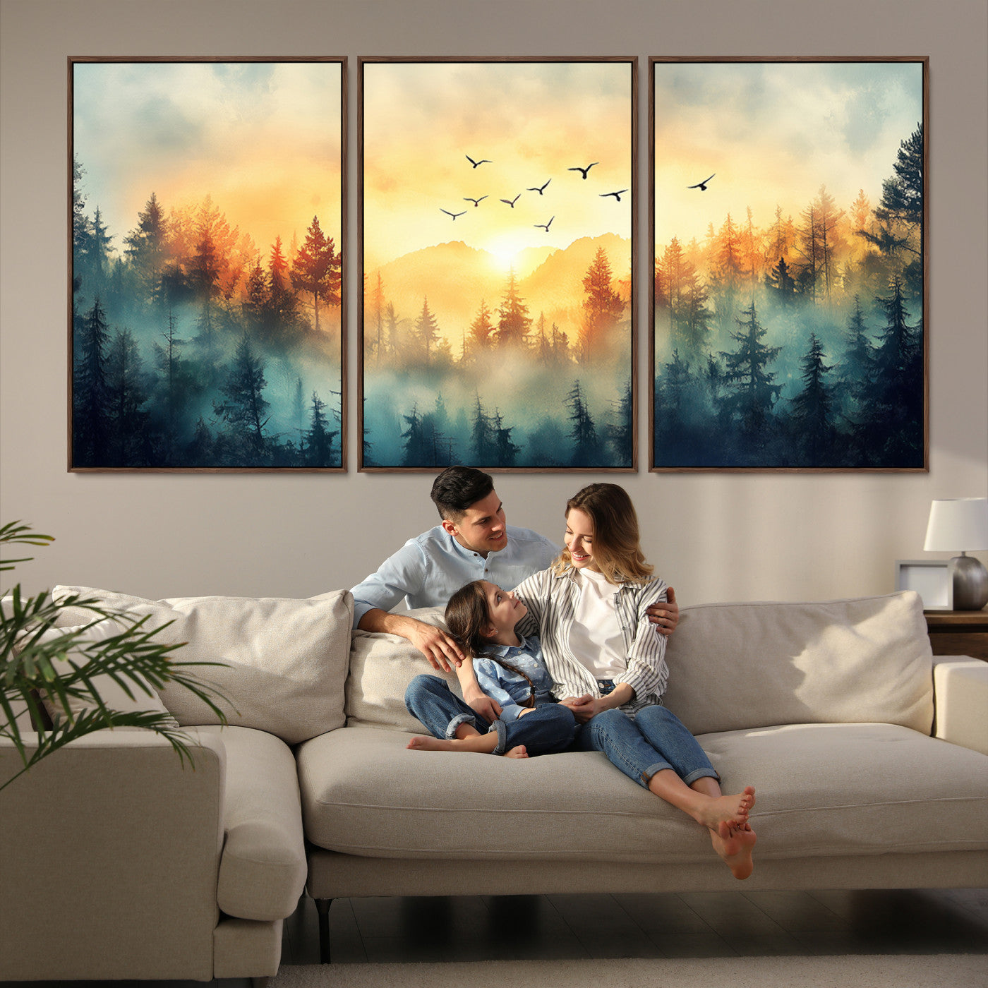 Canvas of a misty pine forest at sunrise with golden light and birds flying across the sky, perfect for tranquil nature-themed wall decor.