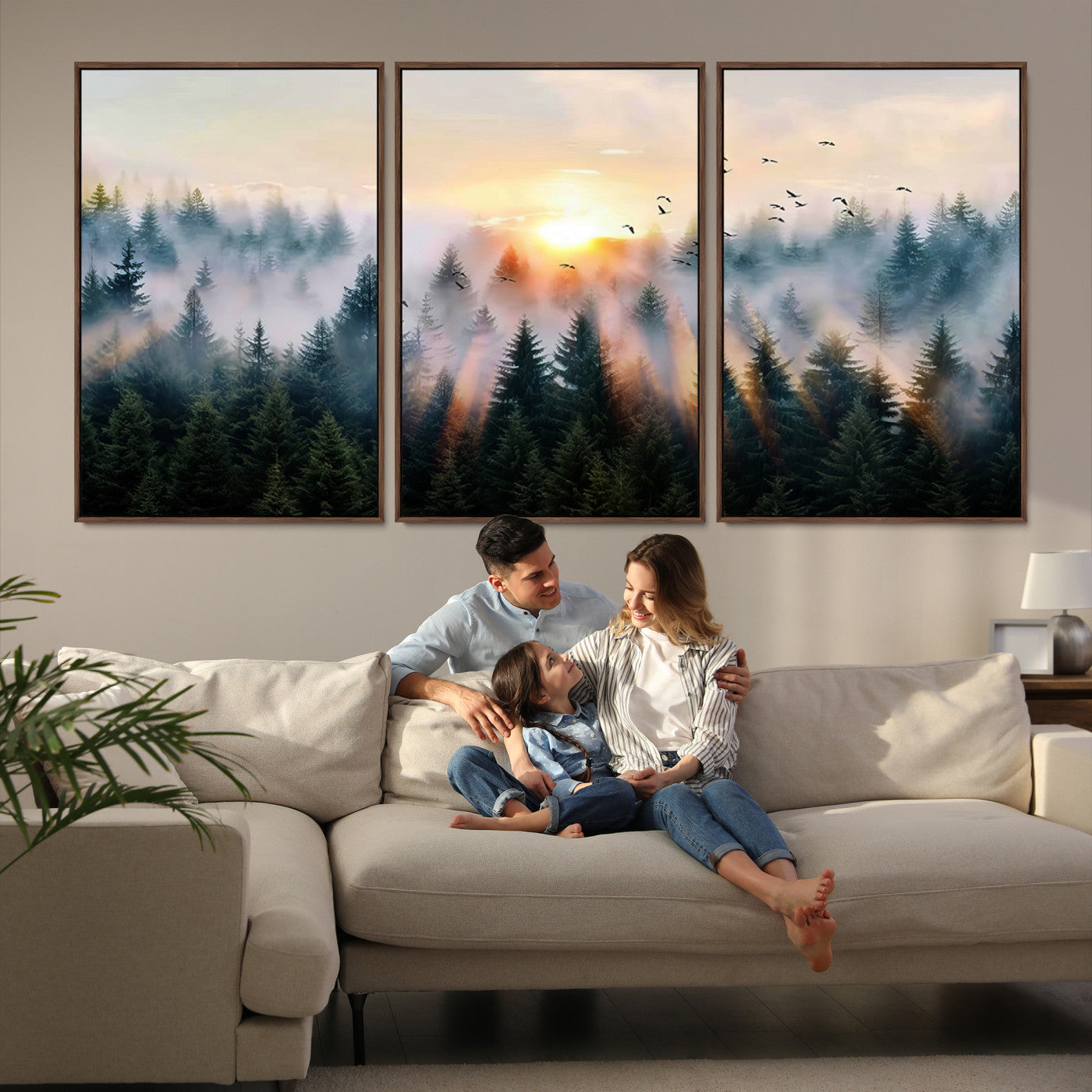 Canvas of a misty pine forest at sunrise with birds flying through golden morning rays, perfect for serene and moody woodland-style home decor.