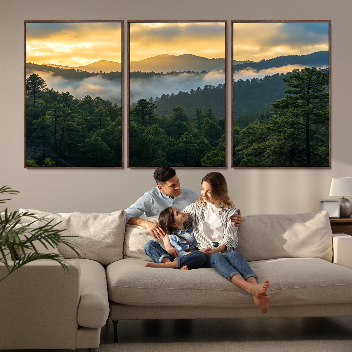 Canvas of misty pine-covered mountains at sunrise, featuring golden light and fog layers, ideal for tranquil earthy home decor.